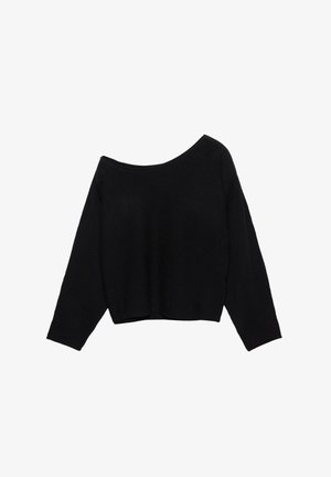 Czarny krótki sweter wykonany z miękkiego materiału, z nierówną, opadającą na ramię linią dekoltu i długimi rękawami. Posiada luźny fason i minimalistyczny design.