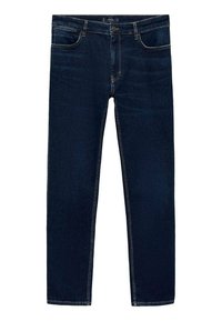 Tamno plave traperice s ravnim nogavicama, pet džepova i suptilnim detaljima šivanja duž šavova i džepova.