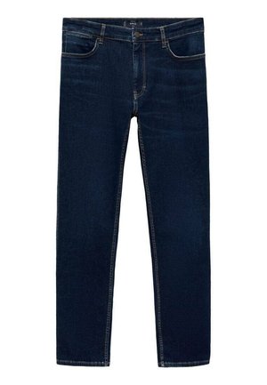 Jeans din denim de culoare albastru închis, cu un design cu picior drept, cinci buzunare și detalii subtile de cusătură pe cusături și buzunare.