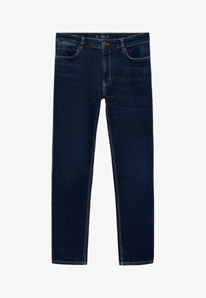 Mørkeblå denimbukser med lige ben, fem lommer og subtile stikningsdetaljer langs sømmene og lommerne.