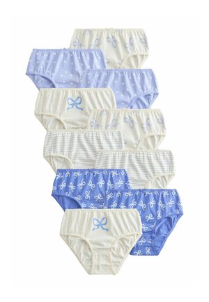Set di mutandine in cotone blu e crema. Presenta motivi a pois, righe e fiocchi. Vita elastica per il comfort. Quattro design distinti.
