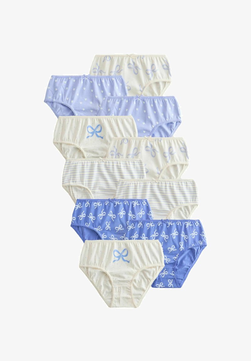 Neuf paires de culottes pour femmes en blanc et bleu avec des motifs comprenant des nœuds, des cœurs et des rayures, disposées en trois rangées verticales.