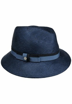 Navy blue woven fedora hat with a light blue and black ribbon band and small silver round emblem on the side.
