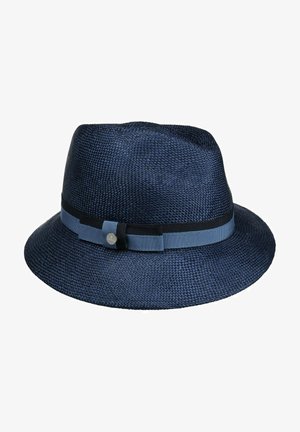 Navy blue woven fedora hat with a light blue and black ribbon band and small silver round emblem on the side.