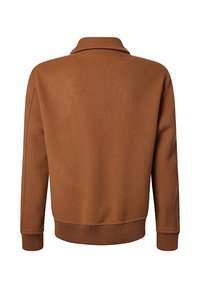 Brown fleece jacket with a collar, ribbed cuffs, and hem. Soft texture and a relaxed fit are present in the design. No visible hardware or patterns.