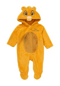 Oranje pluche baby onesie met capuchon, voorzien van het gezicht van de Leeuwenkoning, geborduurd logo en een donkere ovale patch op de buik.