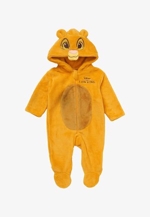 Orangene Plüsch-Einlage für Säuglinge mit Kapuze, die das Gesicht des Löwenkönigs zeigt, besticktes Logo und einen dunkleren ovalen Patch auf dem Bauch.