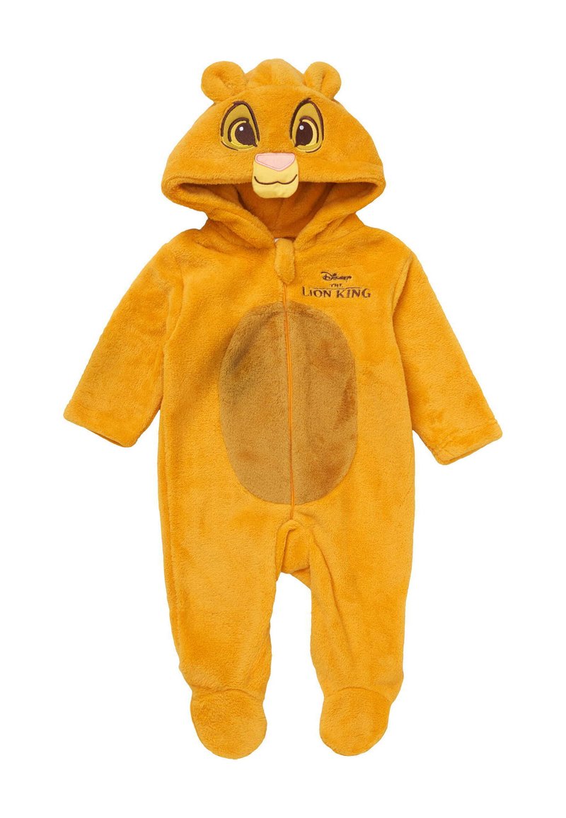 Oranje pluche baby onesie met capuchon, voorzien van het gezicht van de Leeuwenkoning, geborduurd logo en een donkere ovale patch op de buik.