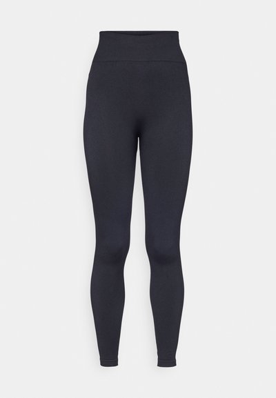 High-waisted black leggings made of stretchy, smooth fabric. Features a fitted design and seamless edges for comfort and flexibility.