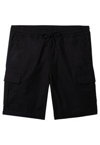 Black cargo shorts with an elastic waistband, drawstring closure, two patch pockets on the sides, and a smooth fabric texture.