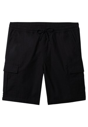 Zwarte cargoshorts met een elastische tailleband, koordsluiting, twee steekzakken aan de zijkanten en een gladde stoftextuur.