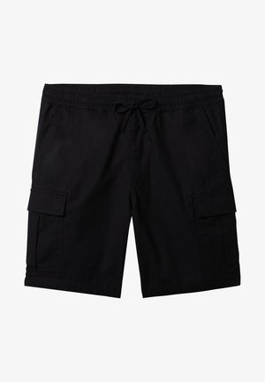 Zwarte cargoshorts met een elastische tailleband, koordsluiting, twee steekzakken aan de zijkanten en een gladde stoftextuur.