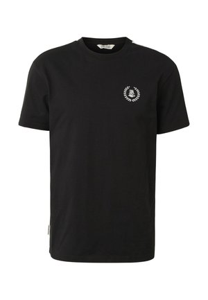 Sort T-shirt med korte ærmer, lille hvid krans og logo på venstre bryst, rund halsudskæring og en stoflabel på den nederste sidesøm.