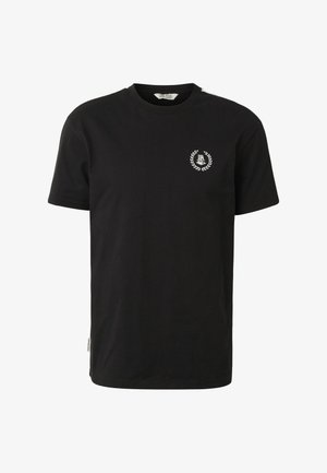 Zwart T-shirt met korte mouwen, met een kleine witte lauwerkrans en logo op de linkerborst, een ronde halslijn en een stoffen label op de lagere zijkantnaad.