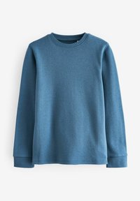 Langärmliges blaues Baumwollhemd mit geripptem Muster, Rundhalsausschnitt und taillierten Manschetten. Schlichtes Design, keine Muster oder zusätzlichen Akzente.