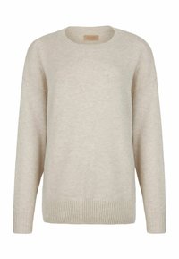 Hellbeige gestrickter Pullover mit rundem Ausschnitt, langen Ärmeln, gerippten Bündchen und Saum. Weiche Textur; minimalistisches Design ohne Muster.