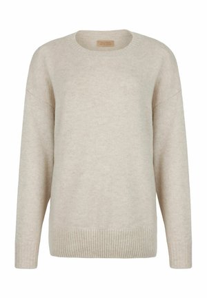 Ljusbeige stickad tröja med rund halsringning, långa ärmar, ribbade manschetter och nederkant. Mjuk textur; minimalistisk design utan mönster.