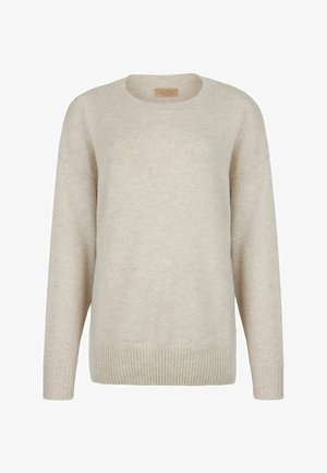 Lys beige striktrøje med rund hals, lange ærmer, ribbet manchetter og kant. Blød tekstur; minimalistisk design uden mønstre.