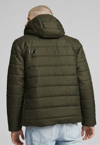 Giacca a vento verde con cappuccio, caratterizzata da una texture trapuntata e un piccolo logo nero in alto a sinistra. Il materiale appare liscio e sintetico.