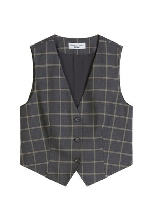 Graue Herrenweste mit kariertem Muster in Weiß und Gelb. Hergestellt aus einem Stoff mit glatter Textur, fünf Knöpfen und einem V-Ausschnitt.