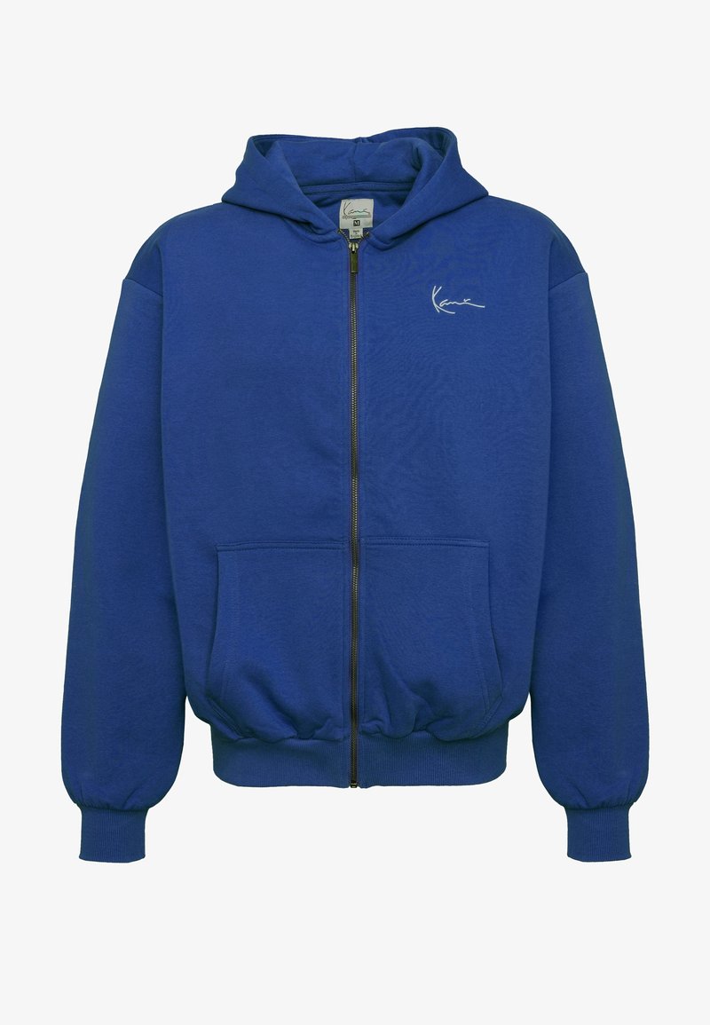 Blue zip-up hoodie made of soft fabric. Features a hood, long sleeves, front pockets, and a white logo on the chest. Ribbed cuffs and hem.