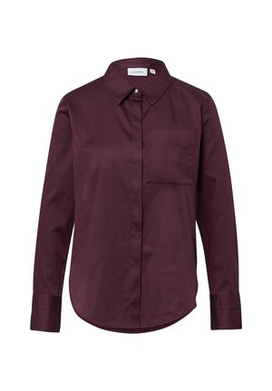 Burgunderfarbendes Langarmhemd aus glattem Stoff, mit klassischem Kragen, einer Brusttasche und Knopfmanschetten sowie einem abgerundeten Saum.