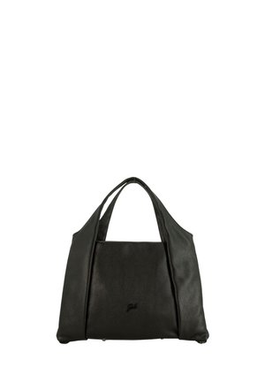 Borsa tote in pelle nera con due manici, texture morbida e un piccolo logo al centro davanti, mostrata su sfondo bianco.