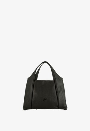 Borsa tote in pelle nera con due manici, texture morbida e un piccolo logo al centro davanti, mostrata su sfondo bianco.