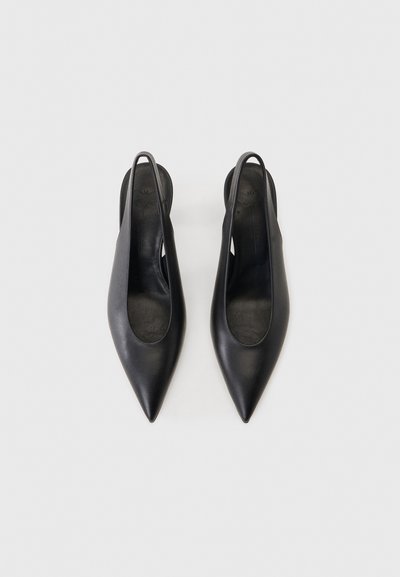 Ζευγάρι μαύρα δερμάτινα φλατ παπούτσια με μυτερή μύτη και λουράκι πίσω, τοποθετημένα σε απλό λευκό φόντο, απεικονιζόμενα από πάνω.