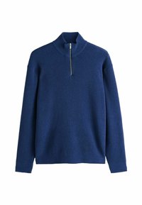 Pulover tricotat cu nervuri de culoare bleumarin, cu guler înalt și un fermoar scurt, având mâneci lungi și o croială lejeră cu un tiv plat.