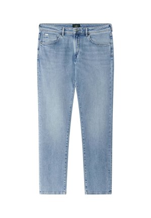 Light blue slim-fit jeans with five pockets, belt loops, and button closure, laid flat on a white background.