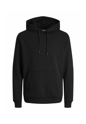 Schwarzer Kapuzenpullover aus weichem Material mit einer Fronttasche, Kordelzug-Haube und gerippten Bündchen und Saum. Schlichtes Design.