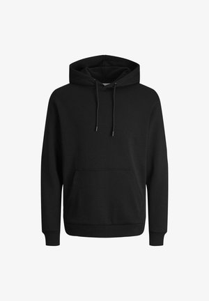 Crna dukserica s kapuljačom napravljena od mekog materijala, s prednjim džepom, kapuljačom sa vezicom i rebrastim manžetama i donjim rubom. Jednostavan dizajn.