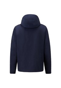 Námořnická modrá nepromokavá bunda s kapucí. Obsahuje zipovou kapsu na levém rukávu a elastické manžety pro bezpečné nošení. Hladký povrch.