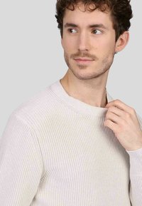 Pull en tricot côtelé beige clair avec un col rond. La texture est lâche et aérée, avec de subtiles variations de couleur et une coupe décontractée.