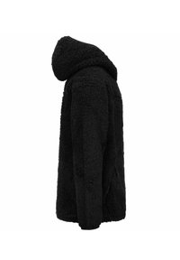 Giacca nera con cappuccio realizzata in tessuto morbido e testurizzato. Caratterizzata da una vestibilità comoda, tasca frontale con zip e dettagli cuciti.