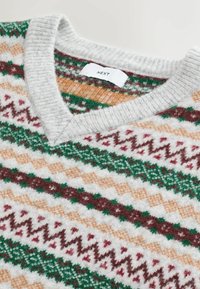 V-neck sweater in grey, featuring a multi-colored geometric pattern of green, red, and orange stripes on a white background.