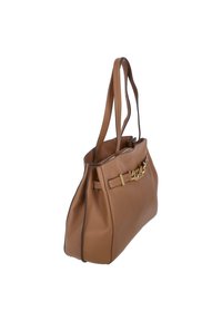 Borsa tote in pelle marrone con doppi manici, dettagli in metallo dorato, superficie liscia e forma strutturata. Presenta un bordo a contrasto.