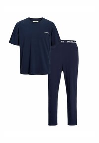 T-shirt bleu marine à manches courtes et pantalon assorti avec un waistband élastique, tous deux arborant un petit logo « JACK & JONES » blanc.