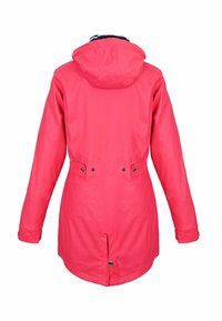 Wasserabweisende, kapuzengeführte Jacke in leuchtendem Pink, mit langen Ärmeln, Seitentaschen und tailliertem Design mit Knopfdetails. Glatte Textur.