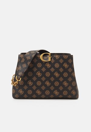 Black and brown patterned handbag with gold "G" clasp and short strap featuring chain link on one side on a white background.