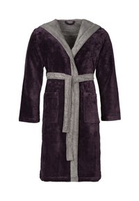 Dark purple bathrobe with a grey hood and belt, made of soft, plush fabric. Features two front pockets and long sleeves.