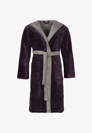 Dark purple bathrobe with a grey hood and belt, made of soft, plush fabric. Features two front pockets and long sleeves.