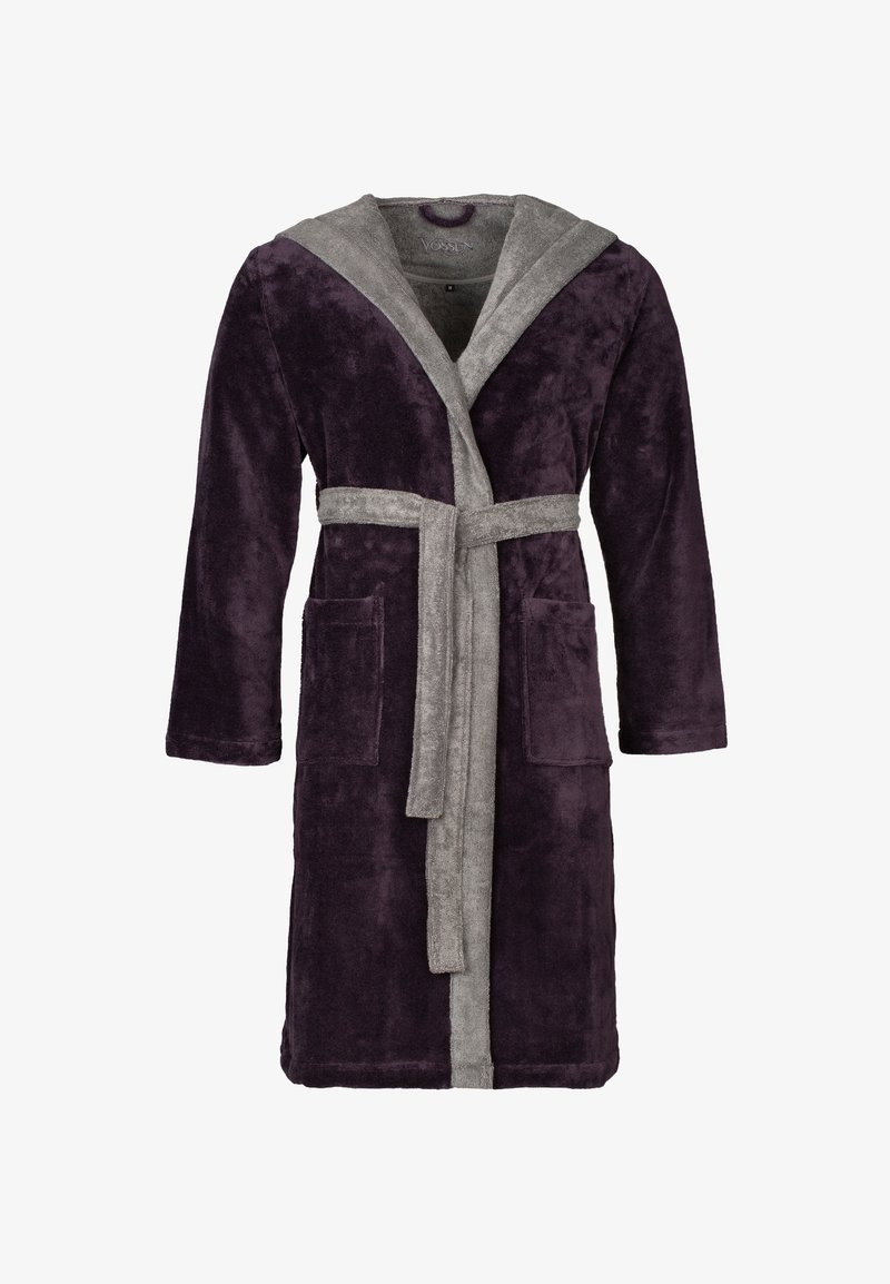 Dark purple bathrobe with a grey hood and belt, made of soft, plush fabric. Features two front pockets and long sleeves.