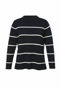Navy blue sweater with white horizontal stripes, crew neck, long sleeves, ribbed cuffs, and hem. Made of soft, textured fabric.