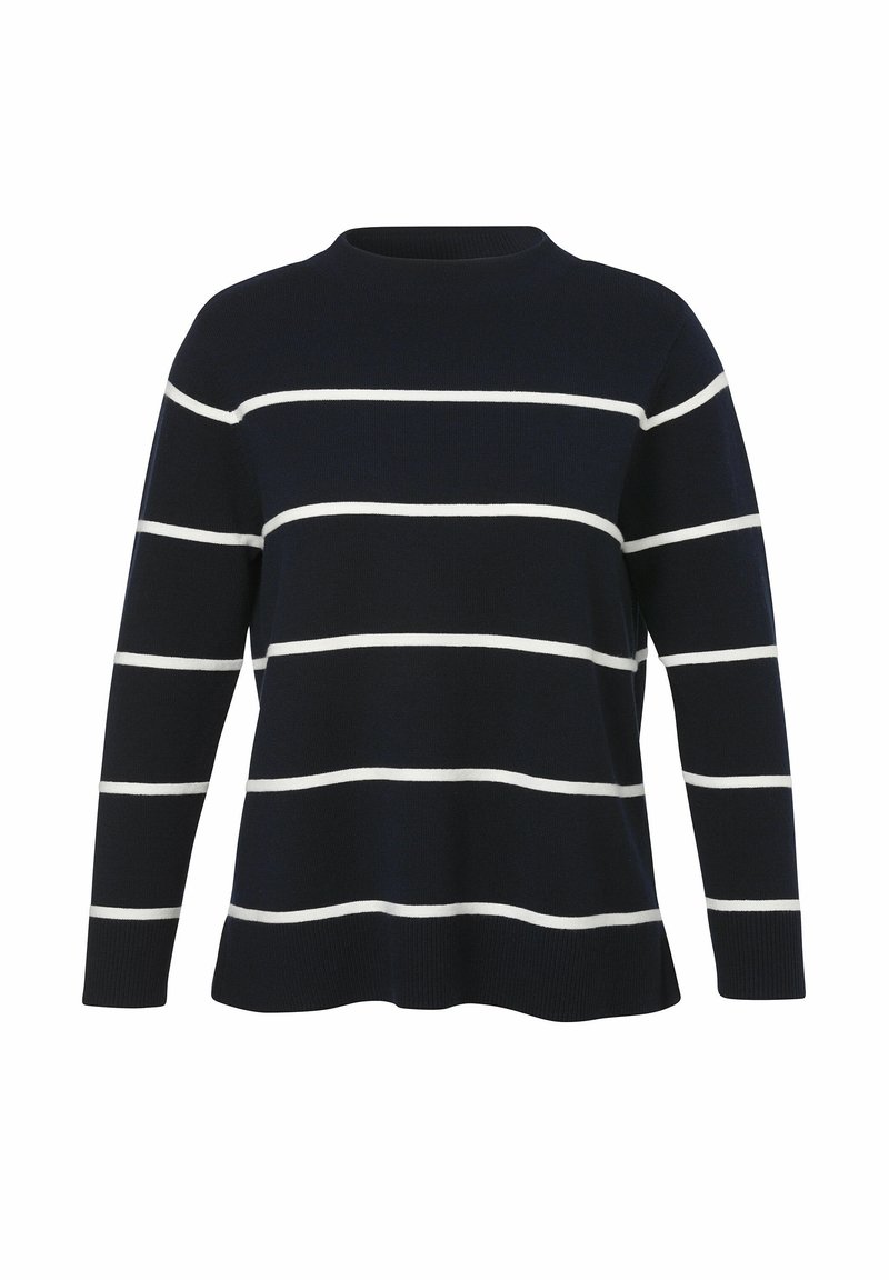 Navy blue sweater with white horizontal stripes, crew neck, long sleeves, ribbed cuffs, and hem. Made of soft, textured fabric.