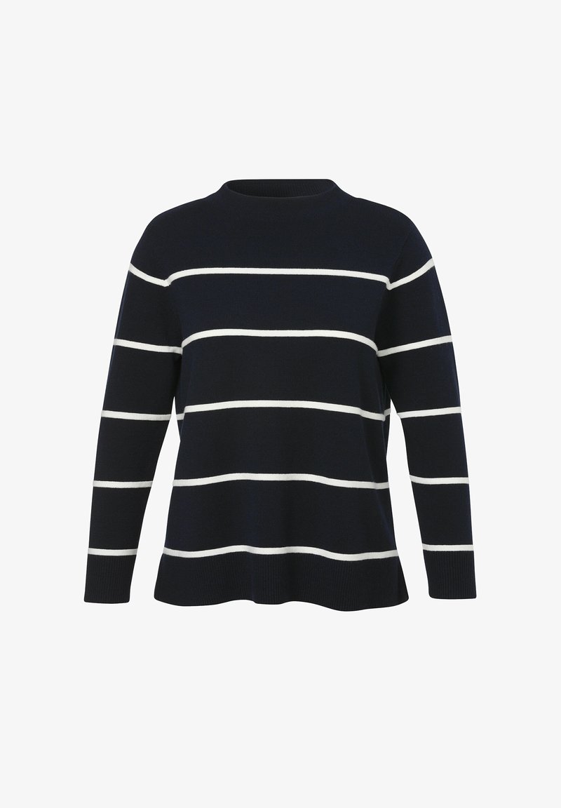 Navy blue sweater with white horizontal stripes, crew neck, long sleeves, ribbed cuffs, and hem. Made of soft, textured fabric.