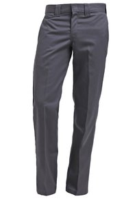 Pantalon de costume gris foncé, coupe droite, avec passants de ceinture et fermeture éclair à l'avant.