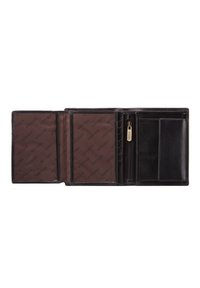 Black leather wallet with multiple card slots, a zippered coin pocket, and a smooth texture. Interior features brown lining with printed logo.