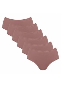 Set van vijf dames slips in een zachte, gedempte roze kleur. Gemaakt van rekbare katoen met een gladde textuur en een elastische tailleband.